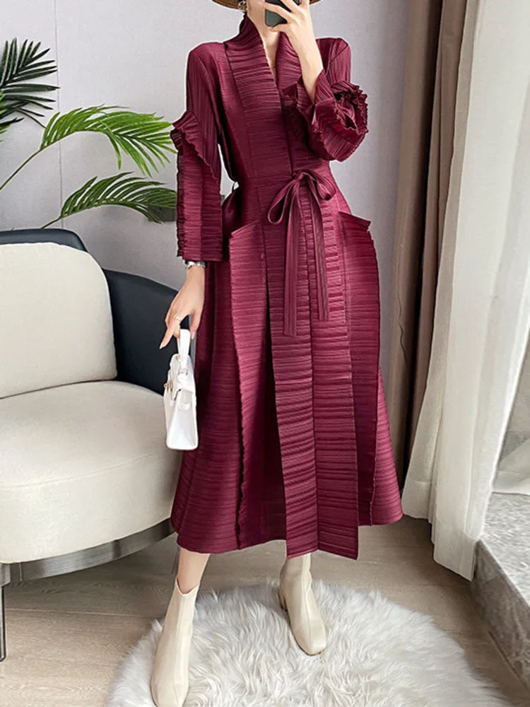 GVUW Wedding Party Pleated Midi Dresses Women Belt Long Sleeve Solid Color Temperament Loose Female Autumn Spring Cloth 17D830