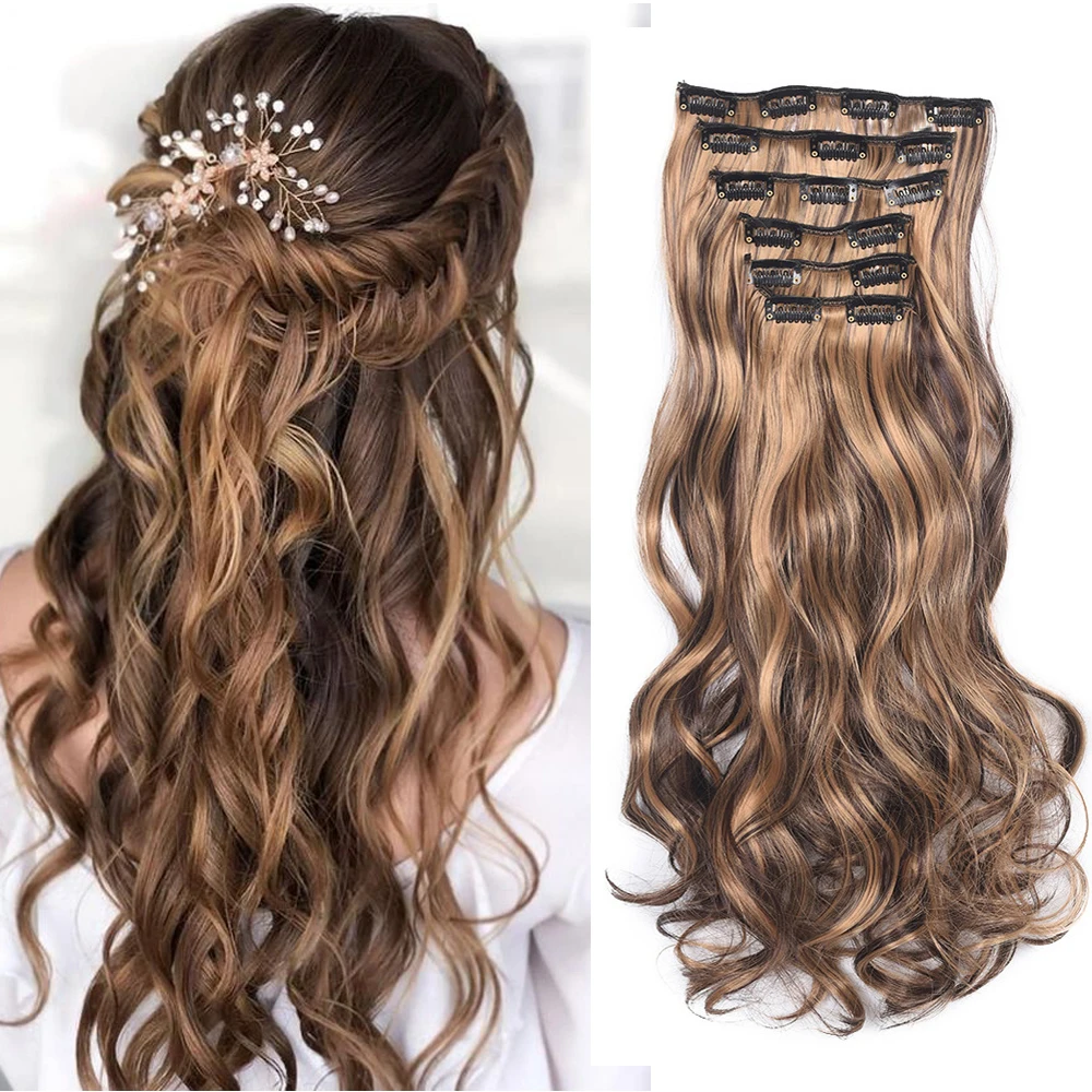 Synthetic Long Wavy 16 Clips Hair Extensions 20Inch Clip On Hair Extensions High Tempreture Fake Hair For Women