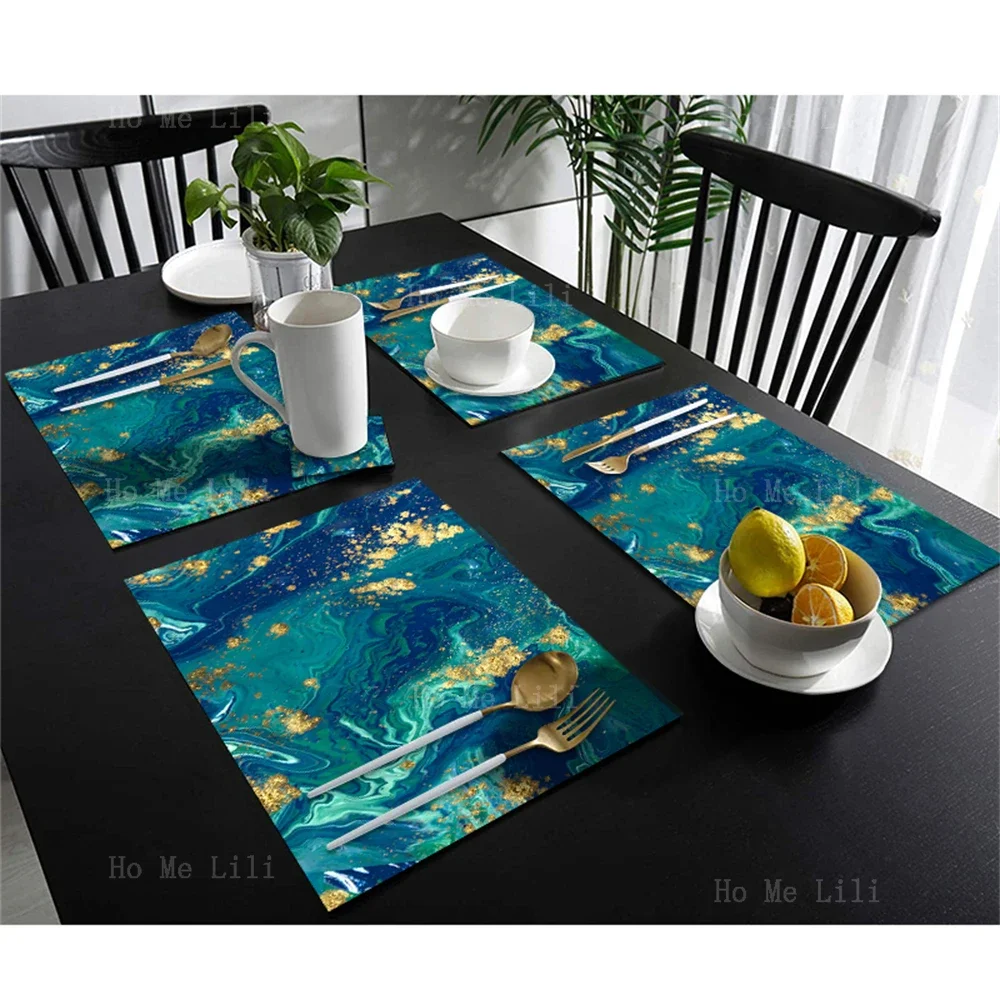 Black Stone With A Golden Grain Liquid Marble Pattern Blue And Gold Abstract Background Polyester Fabric Placemats