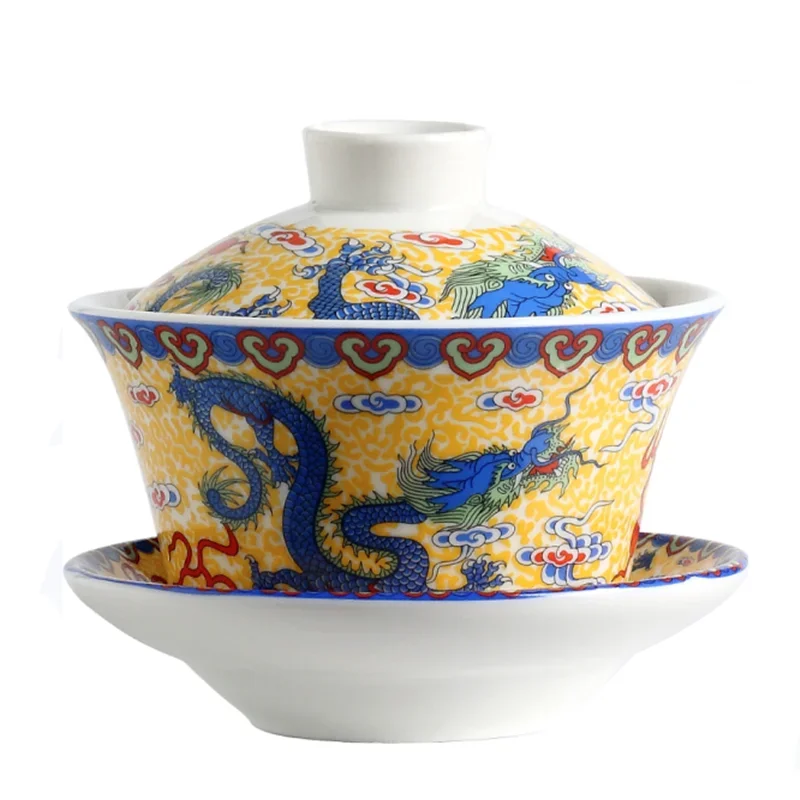 Chinese Blue and White Porcelain Tea Tureen Ceramic Colored Flowers Gaiwan Hand Painted Teacup Home Drinkware Decor Crafts