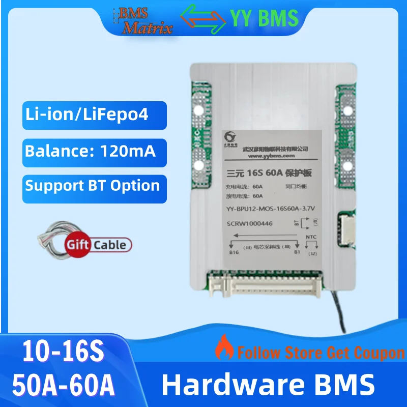 

Lifepo4 Li-ion BMS 10S 36V 13S 16S 48V 50A with balance For 3.7V 3.2V E-bike Battery 18650 external BT module