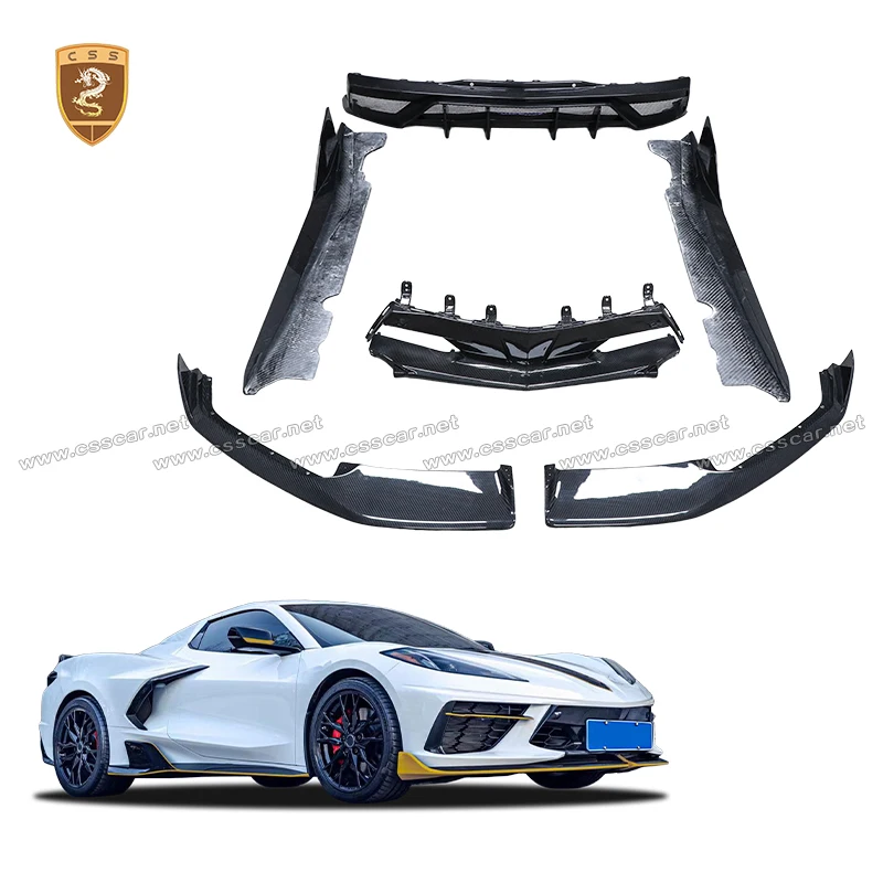 

Для Chevrolet Corvette C8: комплект для тюнинга в стиле Adro — передний бампер из сухого карбона с воздухозаборниками, боковые накладки, задний диффузор.
