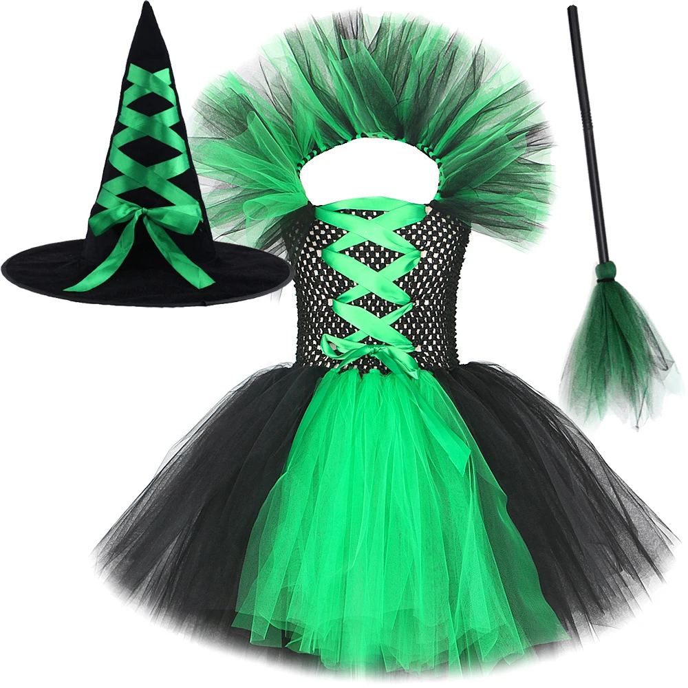 Green Black Witch Costumes for Girls Halloween Fancy Dresses for Kids Carnival Party Ballet Tutus Outfit with Magic Broom Hat