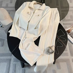 Elegant Women Zipper Lapel Collar Long Sleeve Slim Tops Shirt+Elastic Waist Wide Leg Pants 2pcs Leisure Female Commute Suits