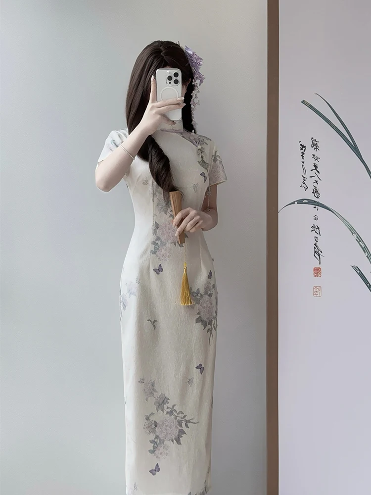 

Новое китайское платье для девочек-подростков: высококачественное, повседневное, летнее, с цветочным узором, миди, с коротким рукавом