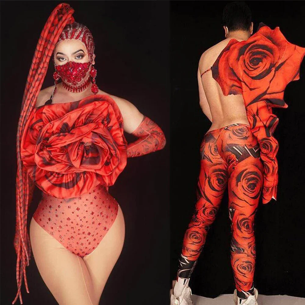 Hot Girl Summer Rose Bodysuit  Red Couple Clothing Floral Bodysuit Nightclub Dance Show Wear Festival Uniform Costumes