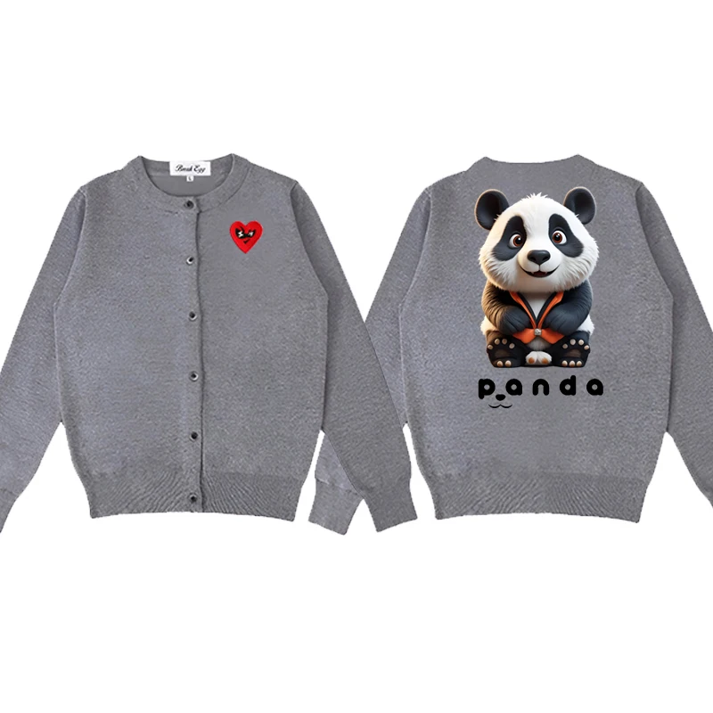 Cute Pandas Colorful Printing Women Cardigan Cotton Cute Red Glasses Heart Embroidery O-Neck Single Breasted Autumn Fit Sweater