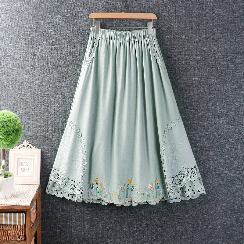 

Spring Summer Mori Girl Sweet Lace Spliced Floral Embroidery Skirt Women Elastic Waist Hollow Out Vintage Cotton Linen Skirts