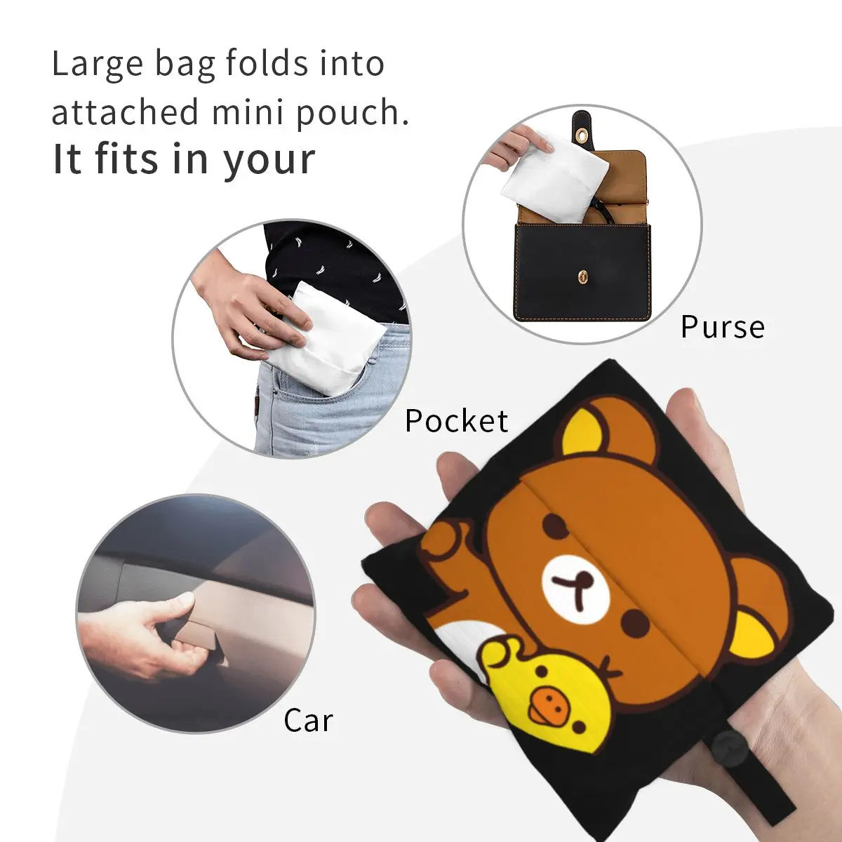 Rilakkuma Kiiroitori Grocery Bag Durable Large Reusable Recycle Foldable Heavy Duty Shopping Tote Bag Washable Attached Pouch