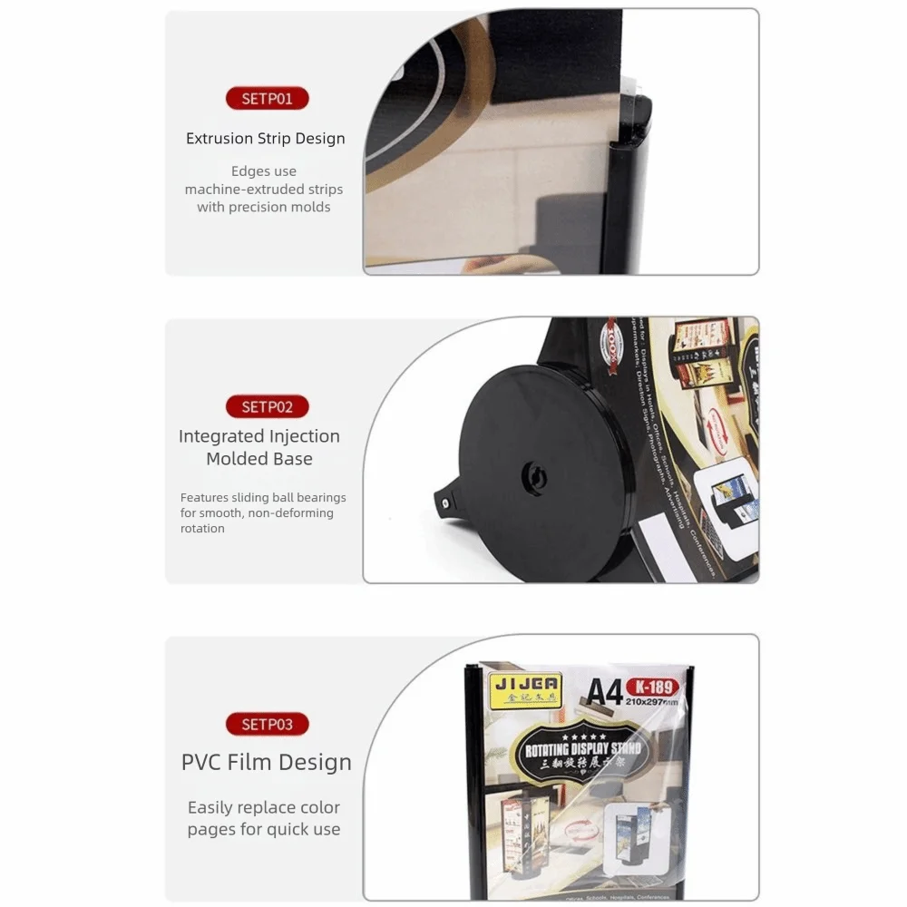 Scheda da tavolo girevole in acrilico a tre lati Porta cartello per menu trasparente A4/A5 Espositore per menu con superficie ad arco facile da montare