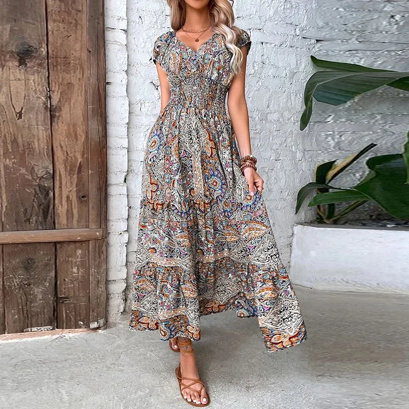 Women Vintage Print Long Dress 2023 Summer Sexy V Neck Short Sleeve A-line Dress Female Elegant Elastic Waist Maxi Dresess Robe