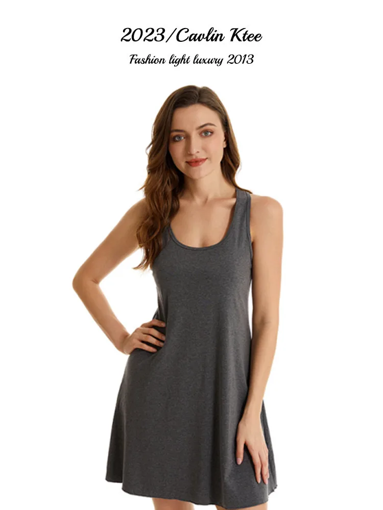 

Cavlin Ktee The Nightgown Female Summer Solid Color Cotton Material Sling Anti-light Vest Dress Outwear Home Wear