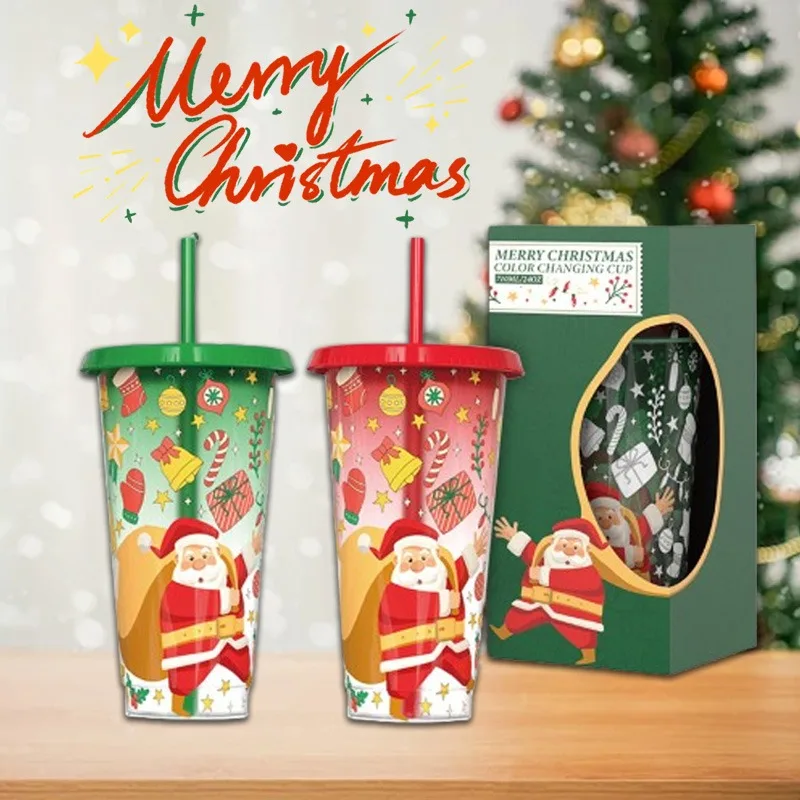 Weihnachtstasse mit Deckel und Strohhalm, Weihnachtsbecher mit Farbwechsel, wiederverwendbar,