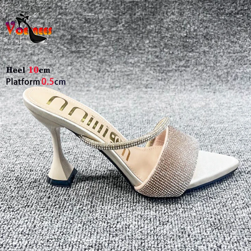 Luxury Designer Diamond High Heels 10CM Bling Party Pointed Toe Sandals Women Slip On Slippers Rhinestone Band Summer Lady Shoes