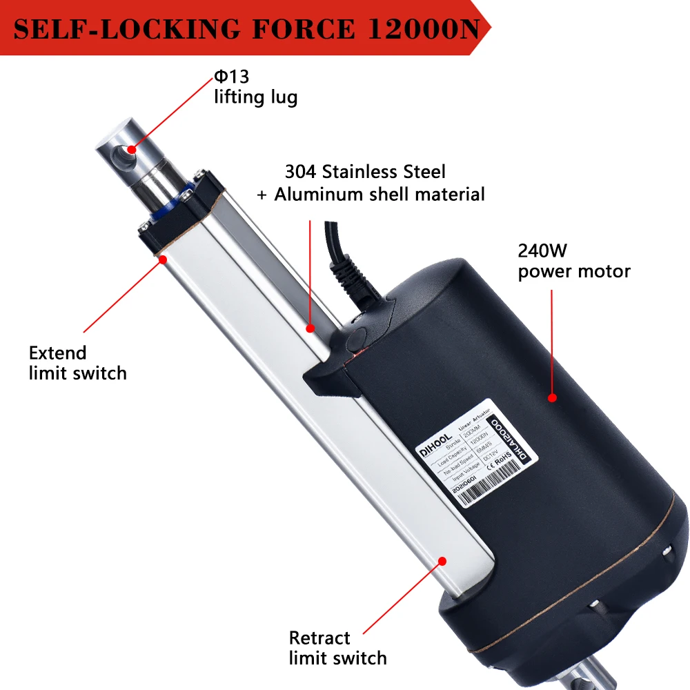 Imagem -04 - Motor de Levantamento Elétrico Haste Telescópica Ajustável 12000n Ip66 Atuador Linear 100 Mm2000 mm Curso dc 24v 1200kg Carga 40db 250w