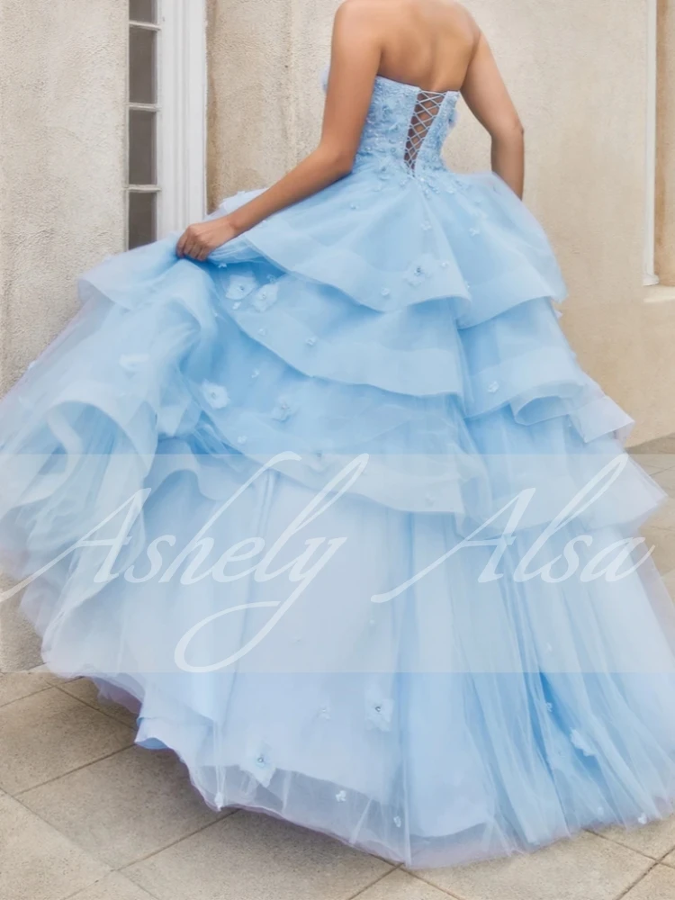 Elegante vestido de fiesta azul cielo para mujer, falda larga escalonada con apliques de encaje sin tirantes, ropa Formal para ocasiones de boda y graduación de noche