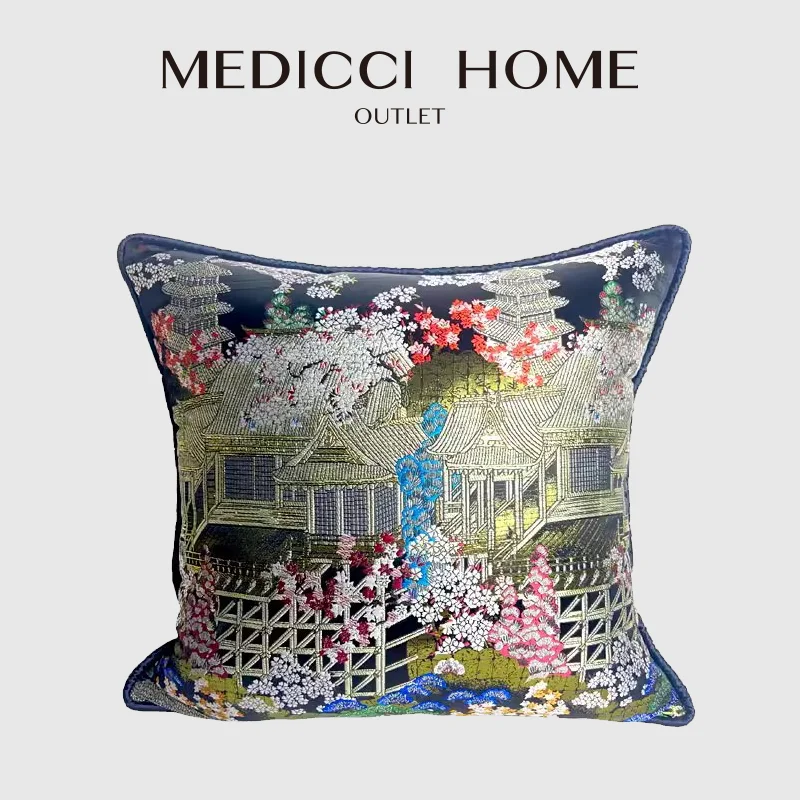 Medicci Home Japanese Decorative Cushion Cover Luxury Brocade Ancient Building Floral Jacquard Boutique Pillowcase Eastern Decor