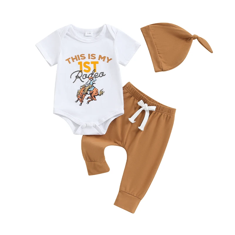 

Baby Boys 3PCS Outfit Sets Short Sleeve Letter Print Romper Solid Color Drawstring Pants Hat Sets