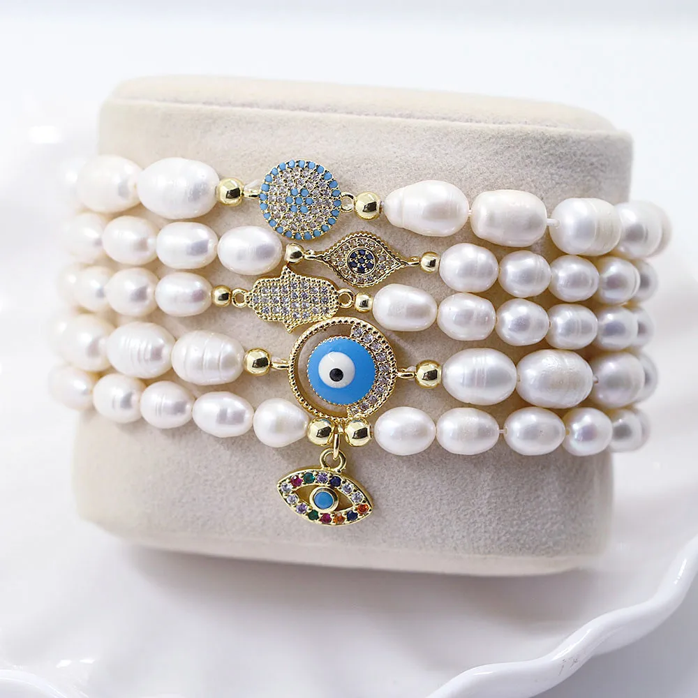 Fashion Bracelet Natural Freshwater Pearl Blue Evil Eye/Hamsa Hand/Heart CZ Zircon Luxury Jewelry Hot Wedding Gift For Women