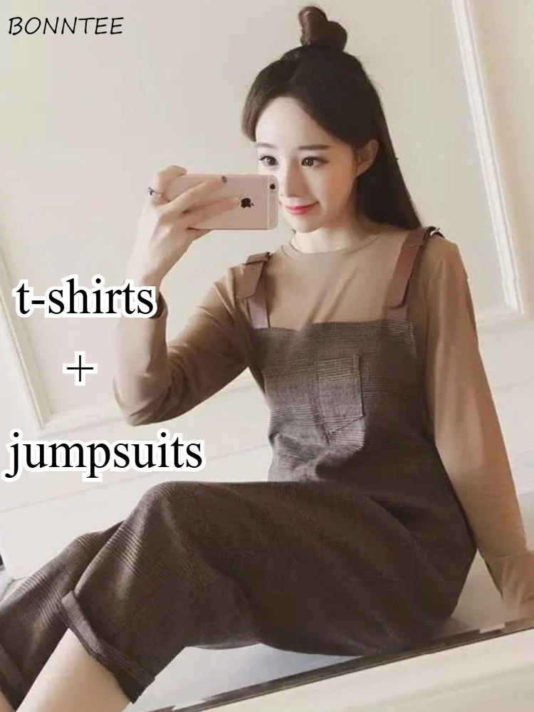 

Женские комплекты из 2 предметов Ulzzang, модные футболки с длинными рукавами, комбинезоны со вставками, винтажная уличная одежда, уютная осенне-зимняя женская одежда