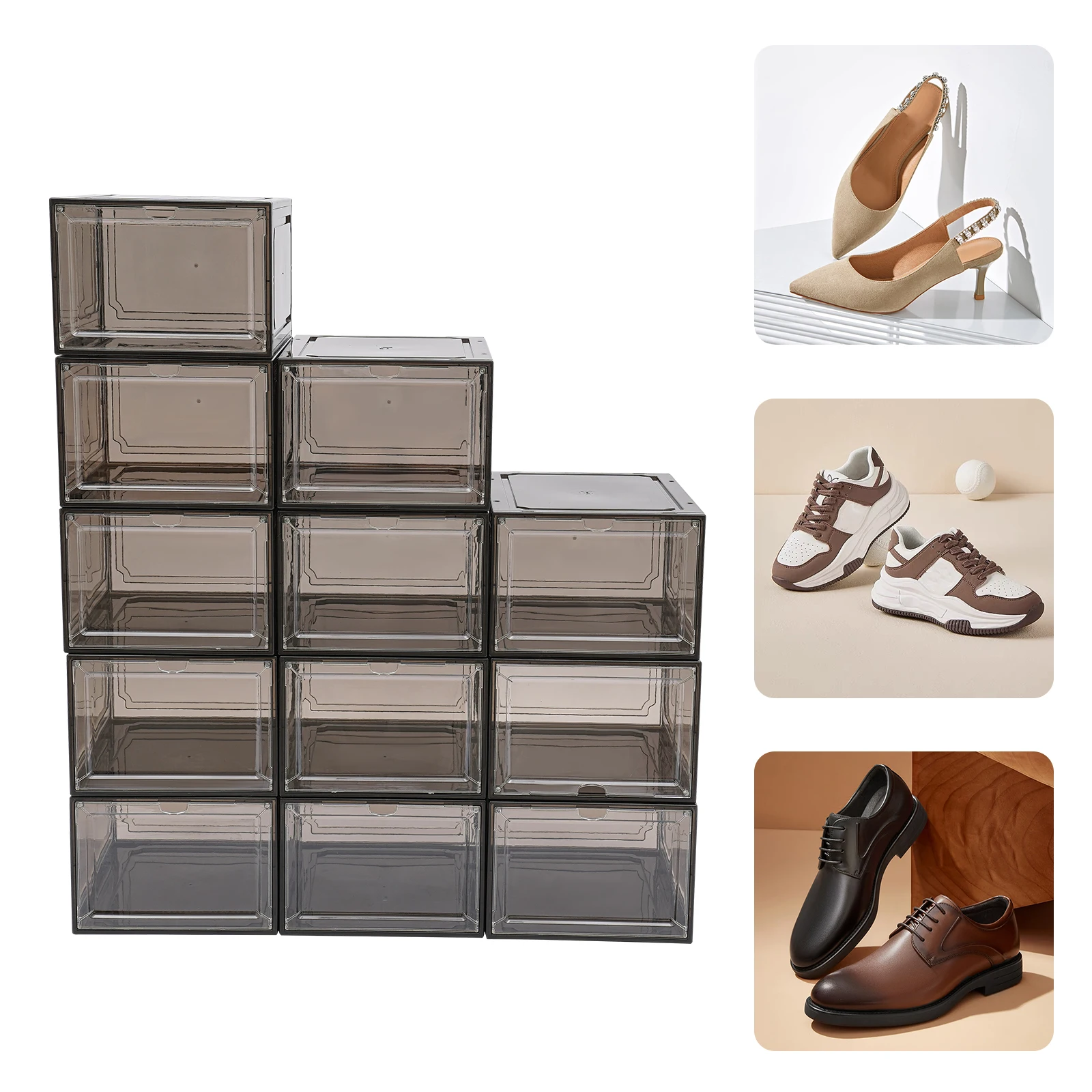 

12 Items Acrylic Shoe Containers,Clear/Black Brown Stackable Sneaker Boxes Free Standing for Closets,Bedrooms