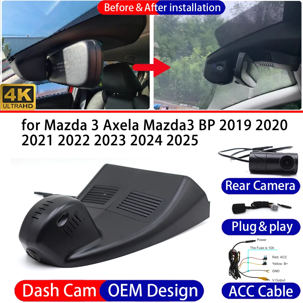 Dash Cam for Mazda 3 Axela Mazda3 BP 2019-2025 Front＆Rear 4K DVR Dashboard Camera Video Drive Recorder Night Vision Parking Mode