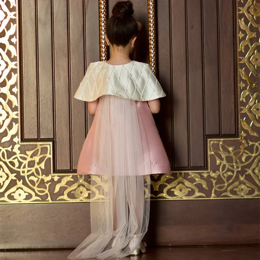 Luxo beading elegante clássico princesa vestido da menina de flor manga curta mini comprimento formal primeira comunhão vestido personalizado 2025