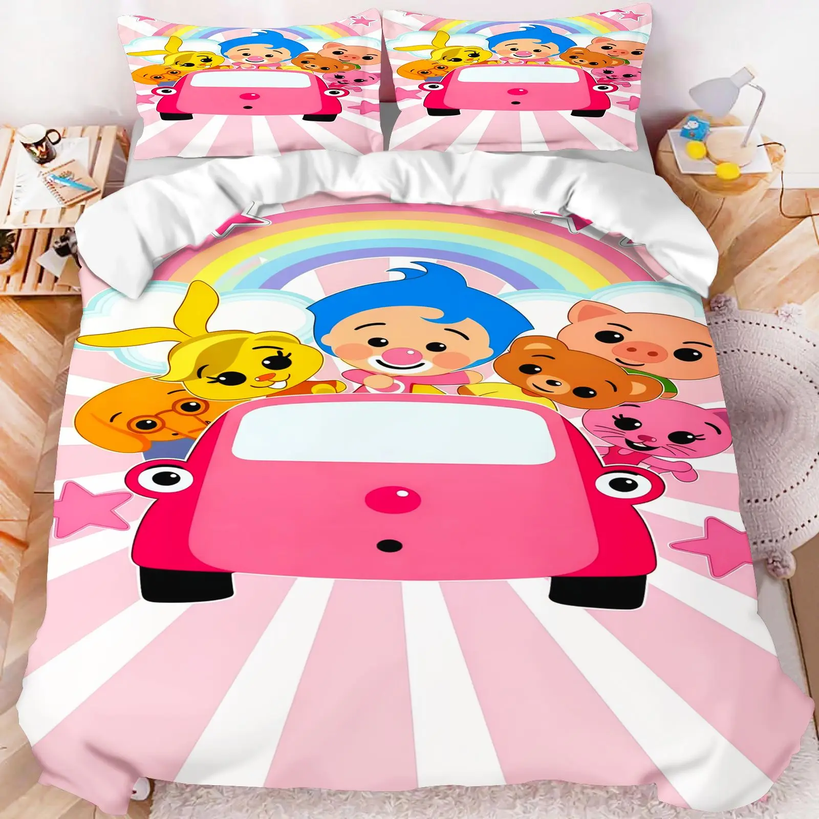 Hot Sale Plim‑Plim Clown Rainbow Theme Bedding Set 3D Digital Print Duvet Cover With 2 Pillow Shams Kids Bedroom Decor