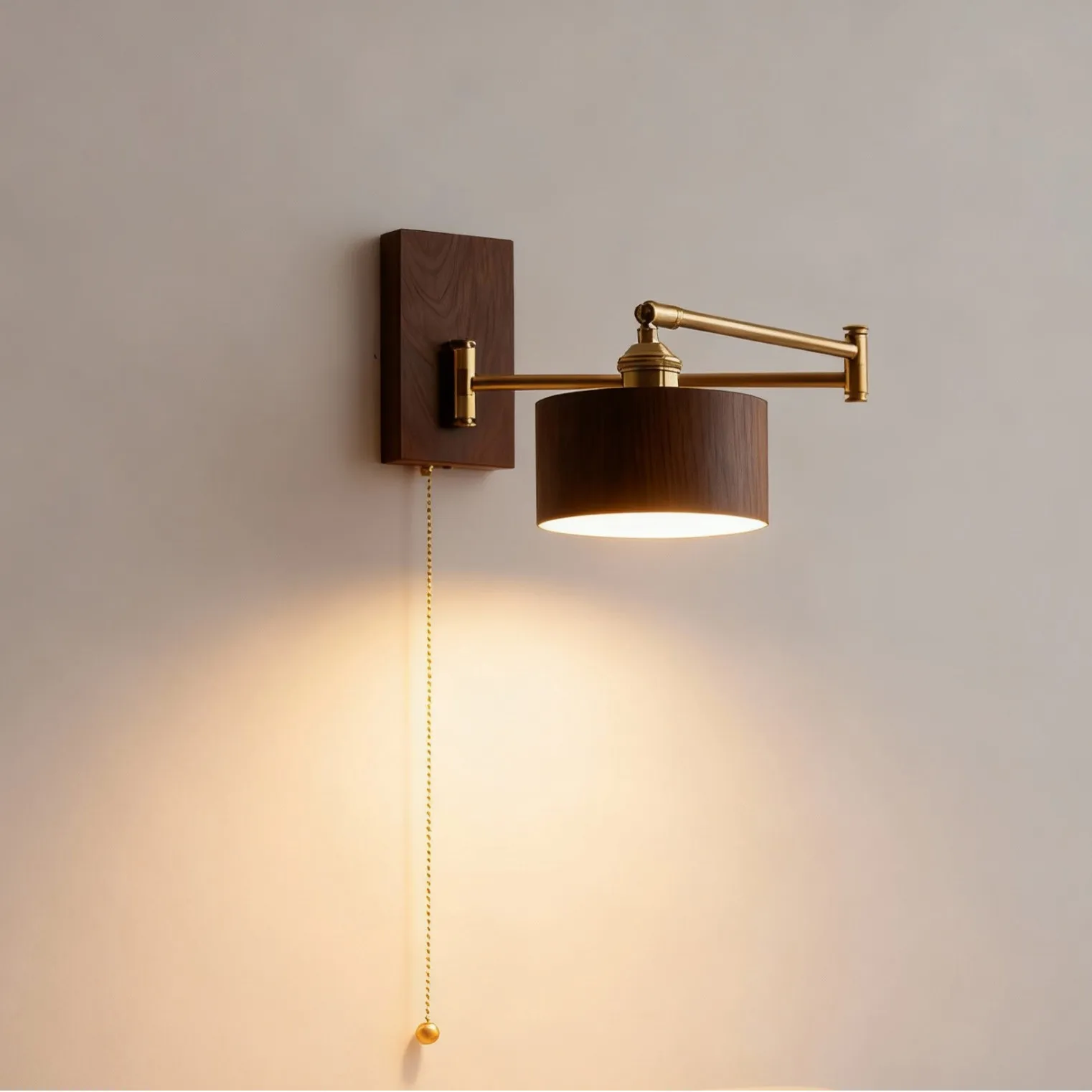 Wabi-Sabi Swing Arm Bedside Wall Sconce Walnut Finish Rotatable With Switch for Bedroom Study Hallway Staircase Nordic Decor