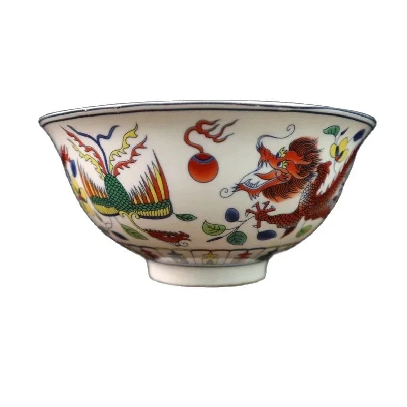 Chinese Old Porcelain Pastel Painting Dragon And Phoenix Pattern Bowl