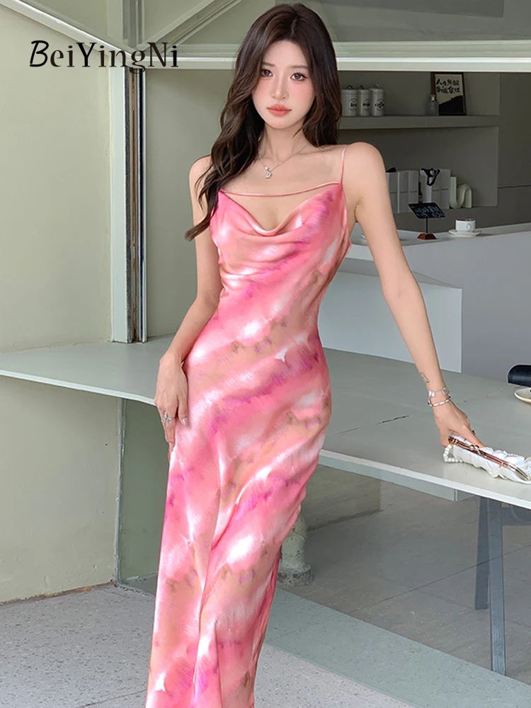 Beiyingni Summer Fashion Elegant Pink Women's Spaghetti Strap Dresses Vintage Casual Korean Mermaid Dress 2024 Printed Long Robe