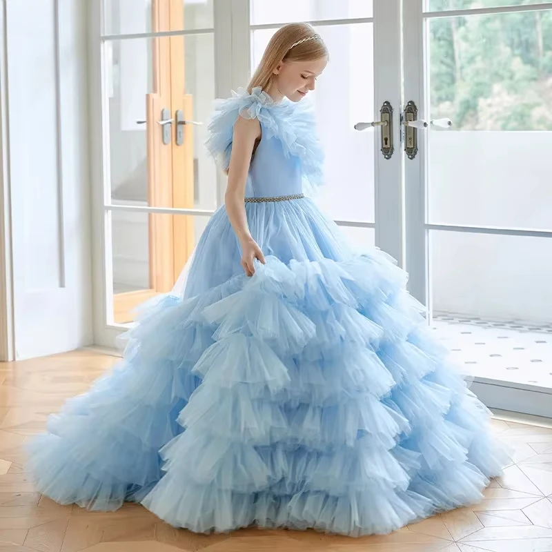 Girls Wedding Dress For Kid Tulle Ball Gown Extra Lush Tiered Tulle Blue Backless Kids Dresses Photoshoot Pageant Party Clkothes