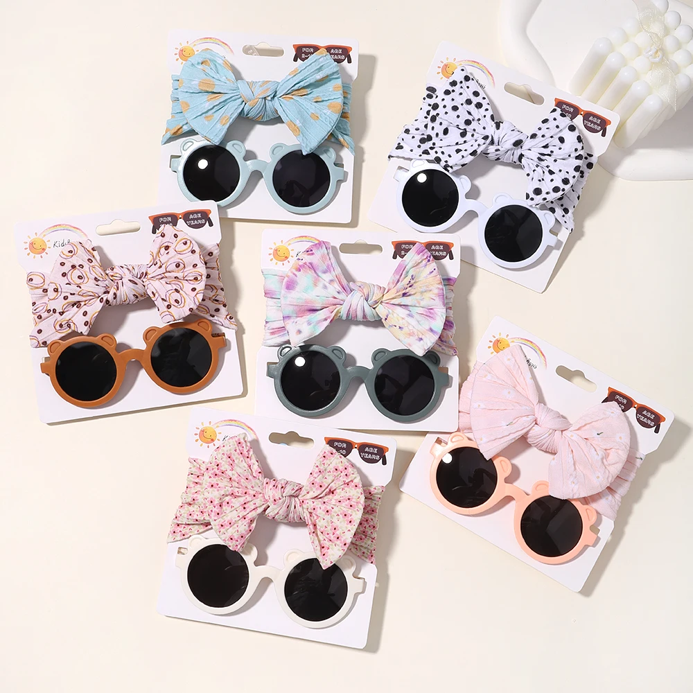 4set Baby Bows Headband Cartoon Sunglasses Girls Beach Photography Props Toddler Headwear Kids Hair Accessories New Year Gift