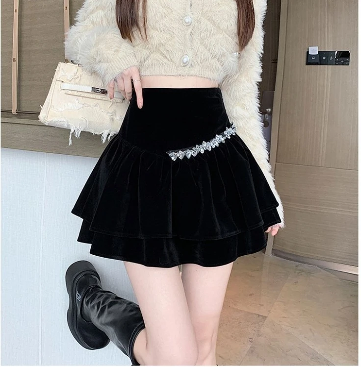 Coffee Velvet Skirt For Women Autumn Winter High Waist A-Line Puffy Short  Petite Pleated Streetwear Japanese Kawaii Clothing