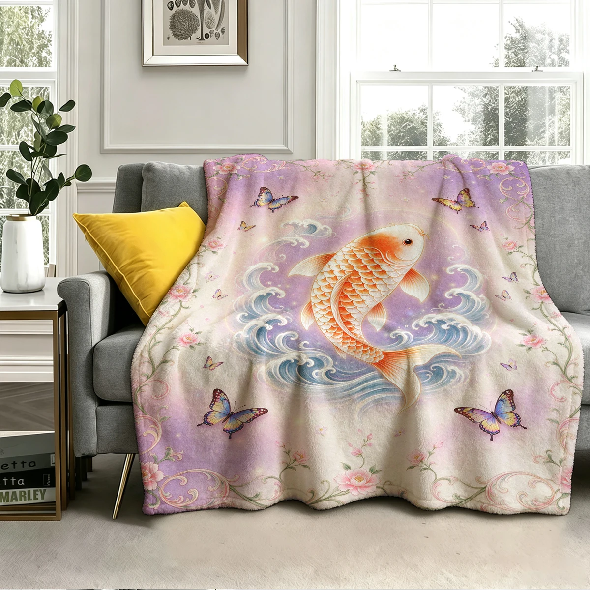 Koi Fish Purple Floral Frame Flannel Blanket Warm Soft Halloween Christmas Decorative Couch Warm Cozy All-Season Gift