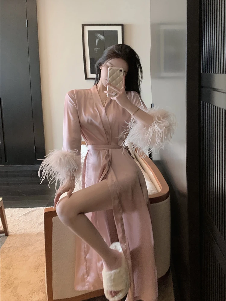 ReddaChic Pink Silk Ostrich Feather Trim Bath Robe Women Long Sleeves Bandage Midi Long Wedding Bride Bridesmaid Robe Pajama