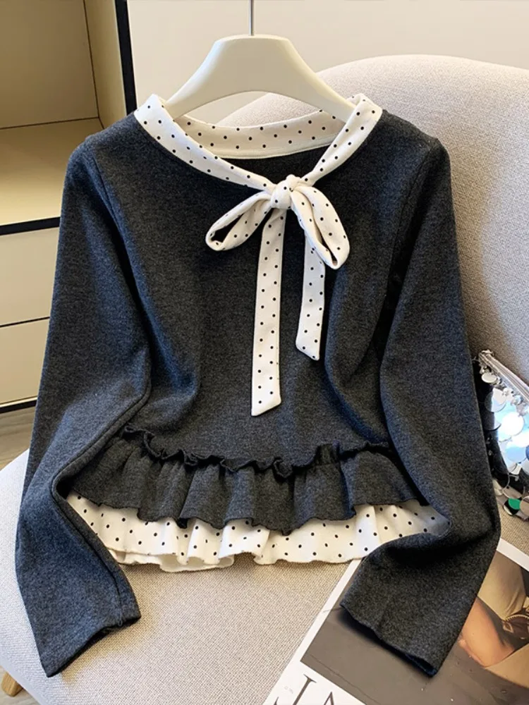 水玉模様の蝶ネクタイ付きロングスリーブTシャツ レディース 秋冬 バレエ風レース ベースシャツ トップス 韓国風 ルーズフィット ウォーキング...