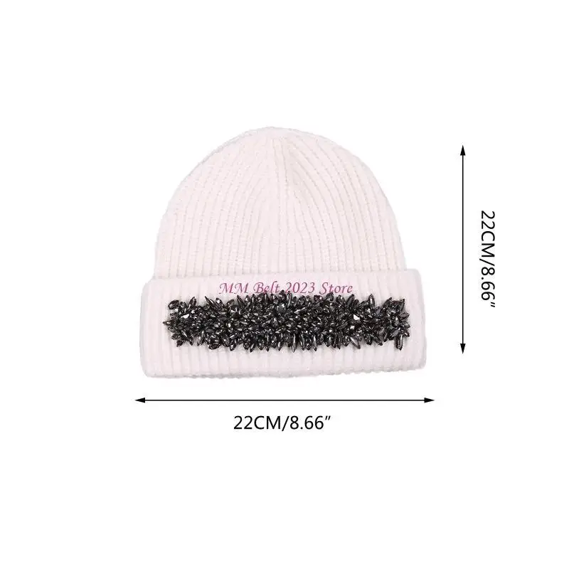 49ME لون خالص لامع لحجر الراين قبعة صغيرة قبعة متماسكة قبعة صوف للشتاء يوميًا W #6