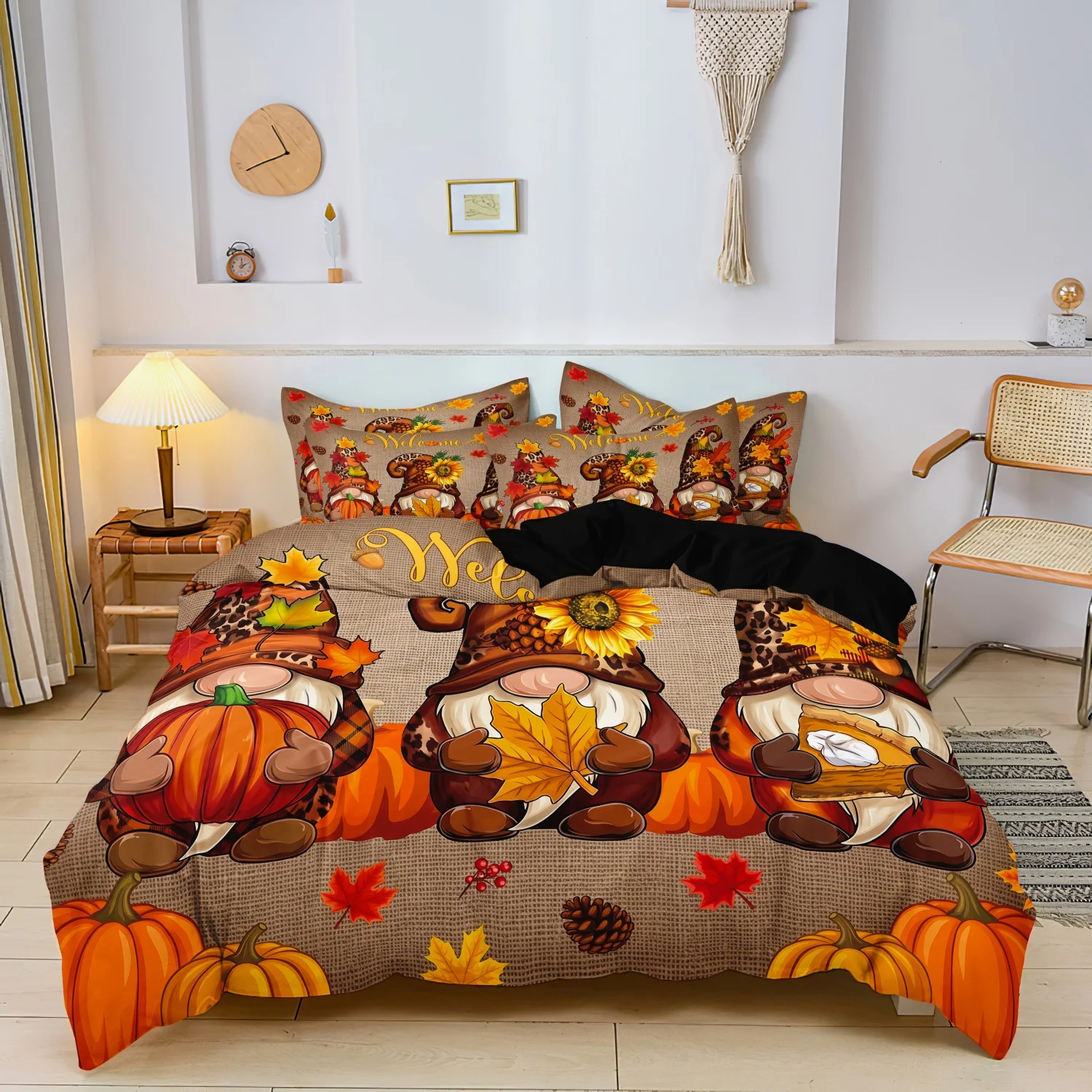  3 Pieces Rustic Welcome Fall Gnome Print Duvet Cover Set, Leopard Accent Pumpkin Sunflower Maple Leaf Pattern Bedding