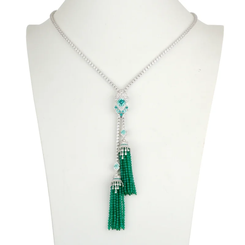 Bellux Luxury Tassel Necklace Green Beads and Cubic Zirconia Elegant Charm Jewelry for Evening Party 925 Silver