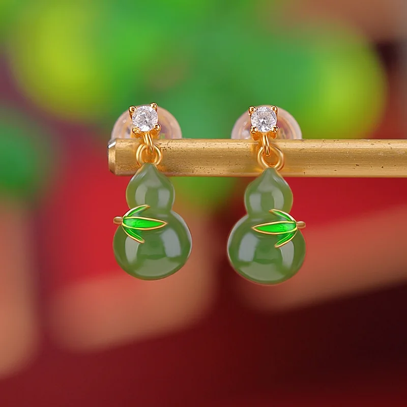 S925 Sterling Silver Gold-Plated Hetian Jade Vintage Style Leaf Gourd Earrings