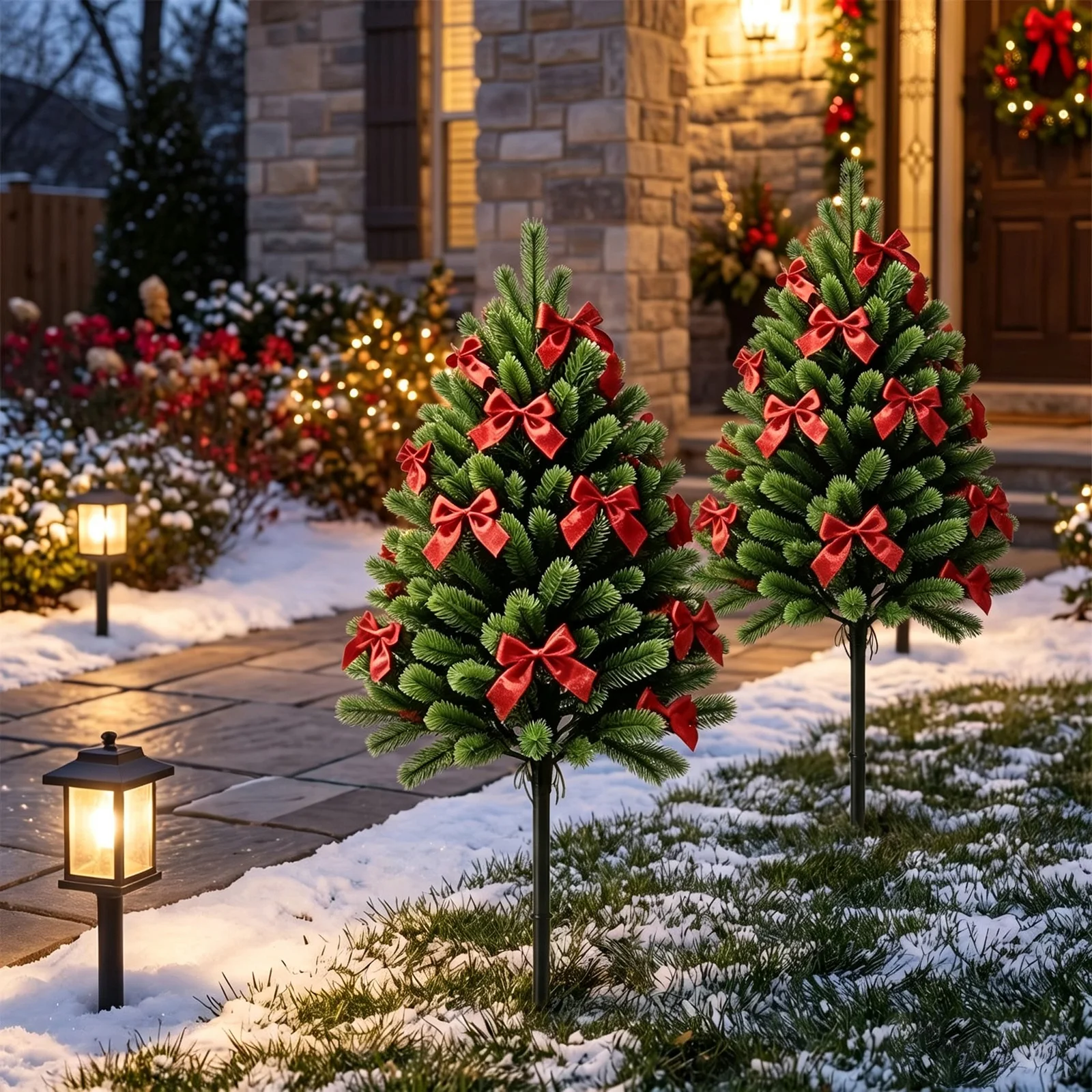 2-Pack Christmas Branch Ground Stakes Artificial Branch Bow Garden Stake Xmas Ornament Outdoor Yard Lawn Holiday Decor