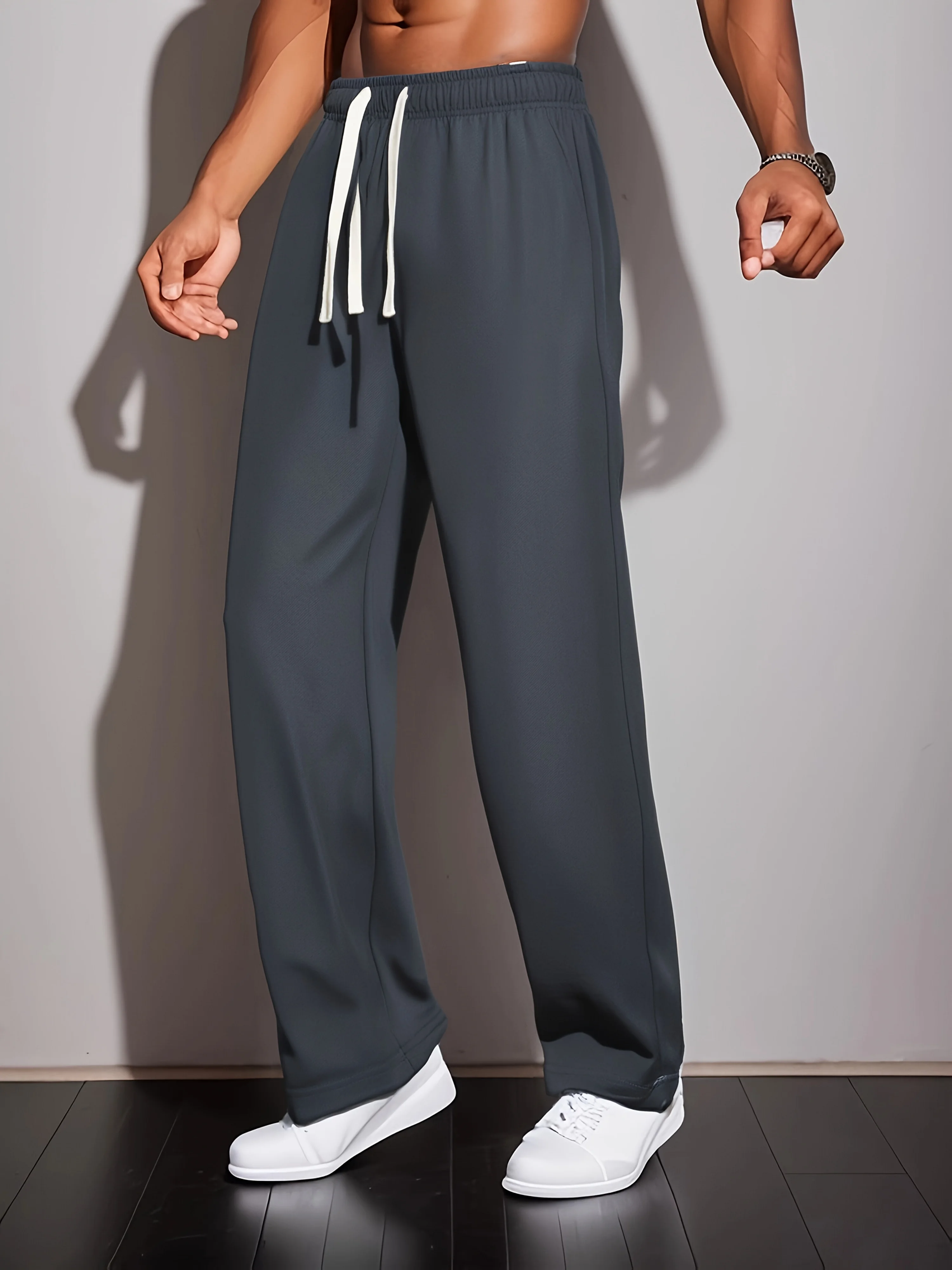 سروال رجالي أنيق للخريف والشتاء بلون سادة وخصر مطاطي واسع الساق مقاس كبير مناسب لكل من الرياضة والأنشطة الخارجية