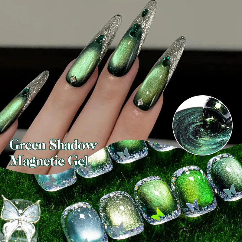 Juego de esmaltes de uñas de Gel magnético, sombra verde, gato, brillo ultral, semipermanente, barniz de Gel UV, suministros para uñas, 6 uds.