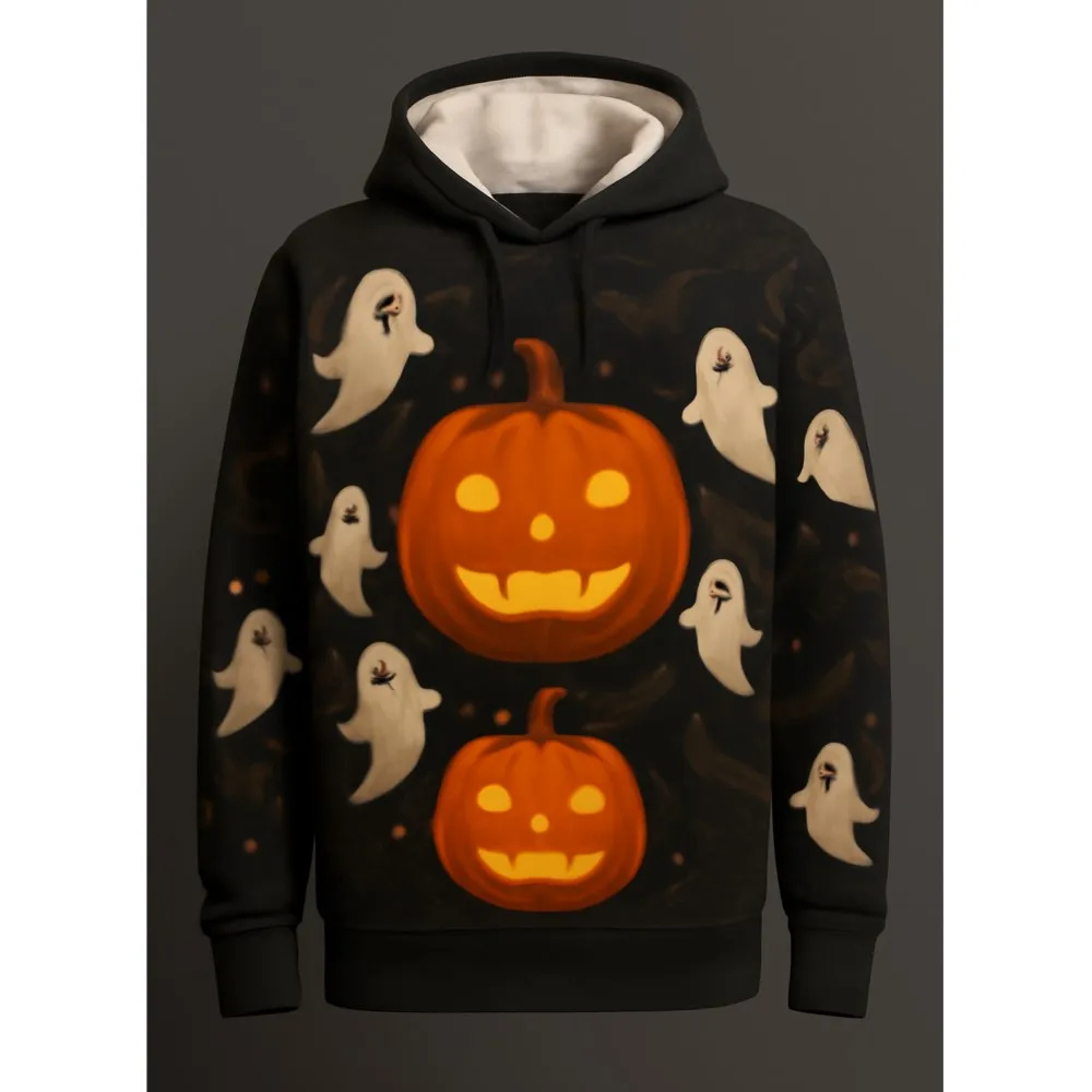 New Trendy men's Hoodie With 3D Printed Halloween Pumpkin Ghost Pattern design, Novel Daily Outfit Hoodie With Pockets