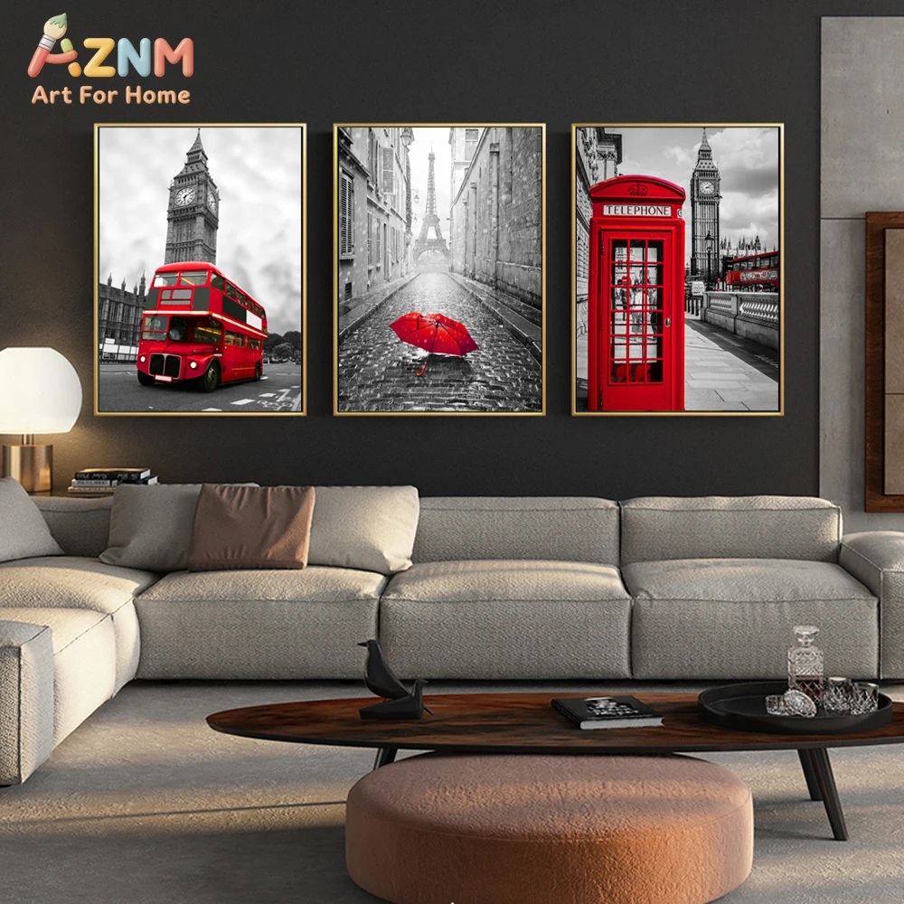 AZNM London Paris Cityscape Canvas Wall Art Red Bus Telephone Booth Umbrella Black White Travel Aesthetic Unframed Home Decor Pr