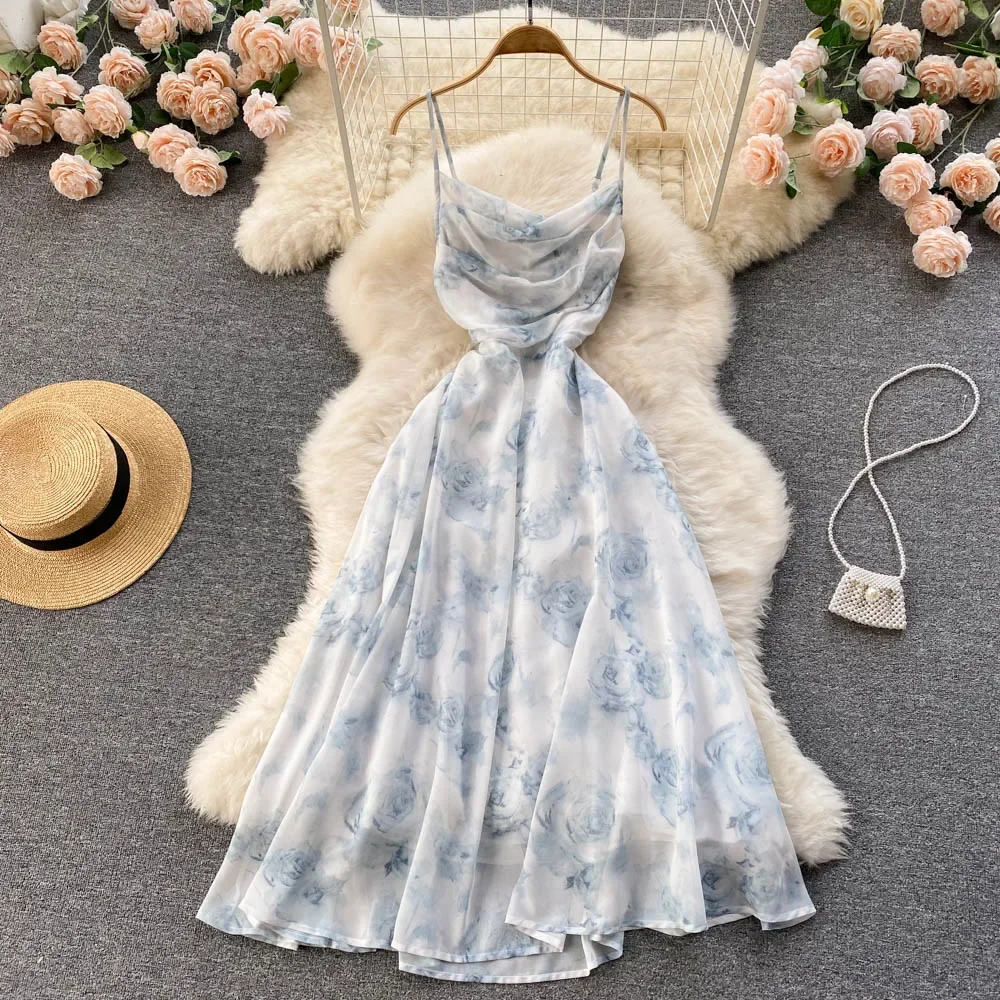 

Women Floral Spaghetti Strap Dress Elastic Ruched Sexy Hollow Backless Party Dress Summer Boho Vacation Beach Sundress