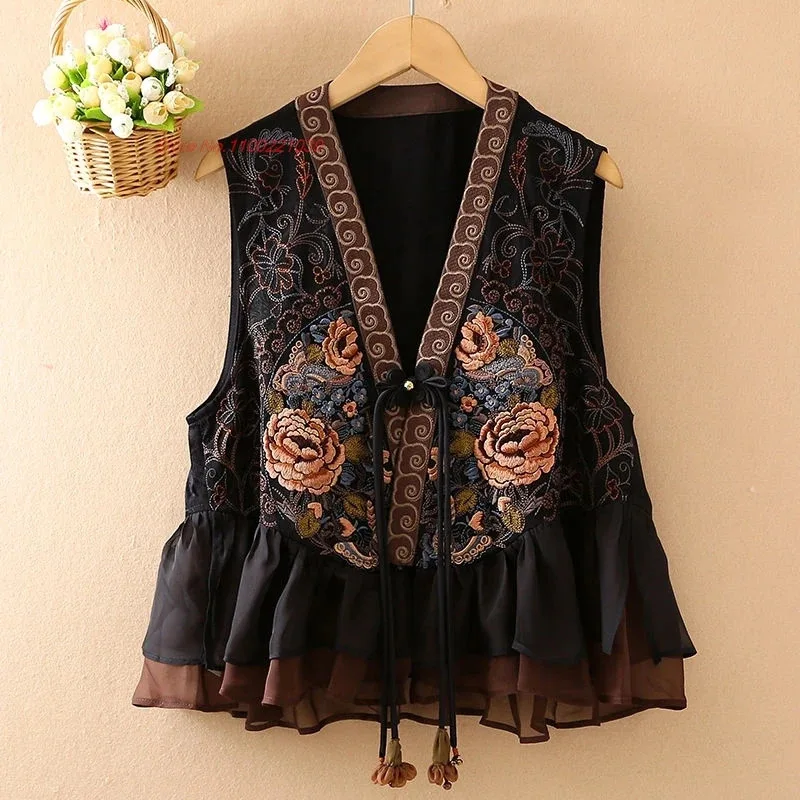 

2025 chinese vintage satin jacquard vest traditional v-neck vest national flower embroidery vest oriental sleeveless jacket
