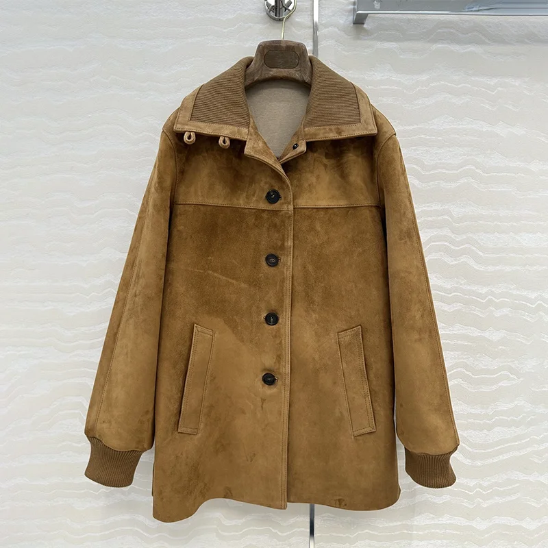 

Высококачественное женское пальто средней длины с лацканами из овчины на весну и осень, женская роскошная одежда 25110801