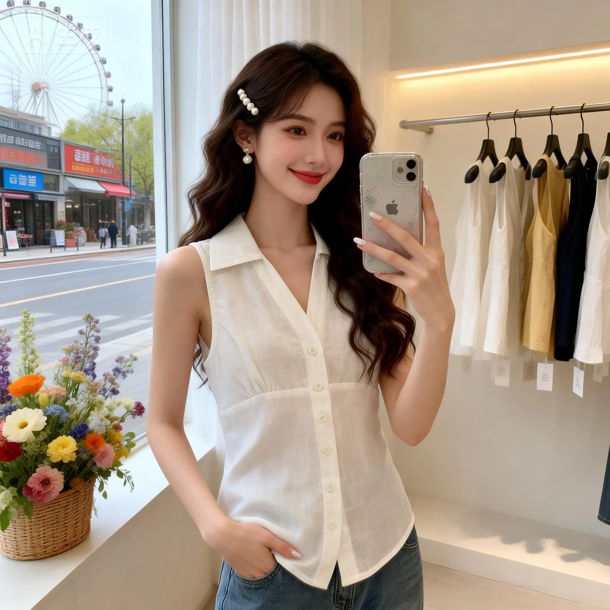 

Minimalist White Sleeveless Neck Shirt Women's Summer New Style Waist-Cinching Fashionable Age-Defying Vest Top